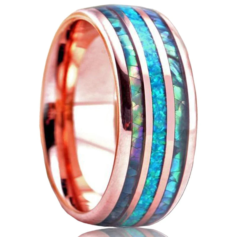 8mm Roségold Edelstahl Ring mit Koa Holz, Abalone und Opal Inlay Herren