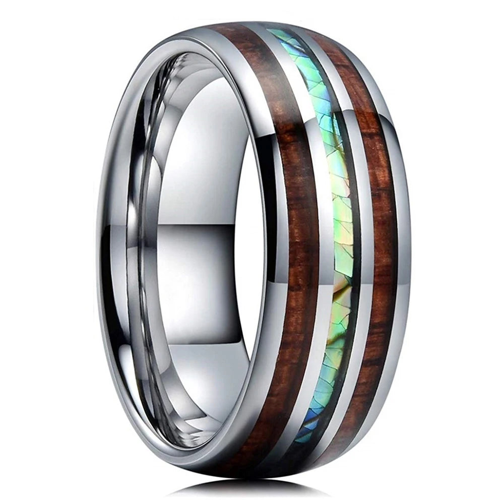 8mm Roségold Edelstahl Ring mit Koa Holz, Abalone und Opal Inlay Herren