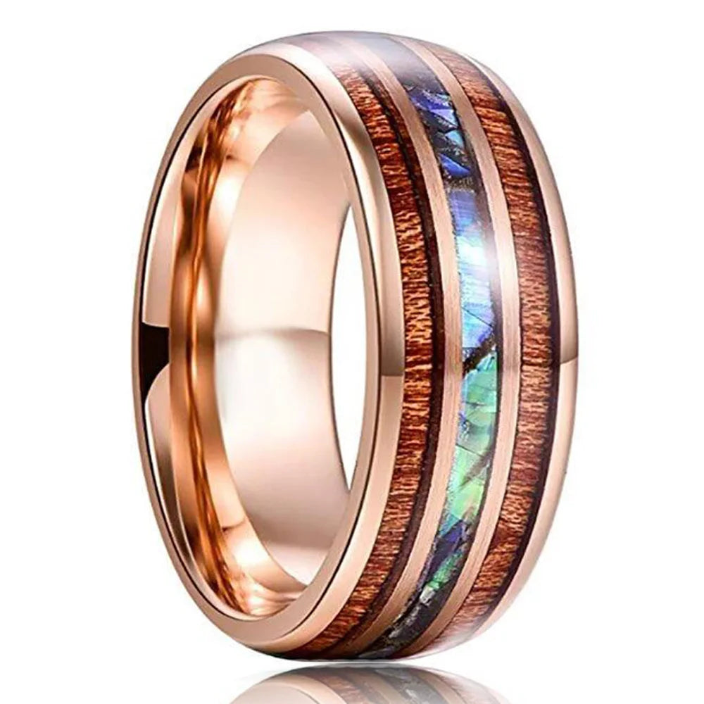 8mm Roségold Edelstahl Ring mit Koa Holz, Abalone und Opal Inlay Herren