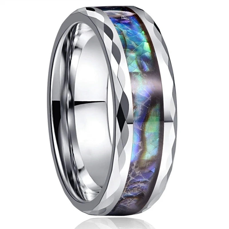 8mm Roségold Edelstahl Ring mit Koa Holz, Abalone und Opal Inlay Herren