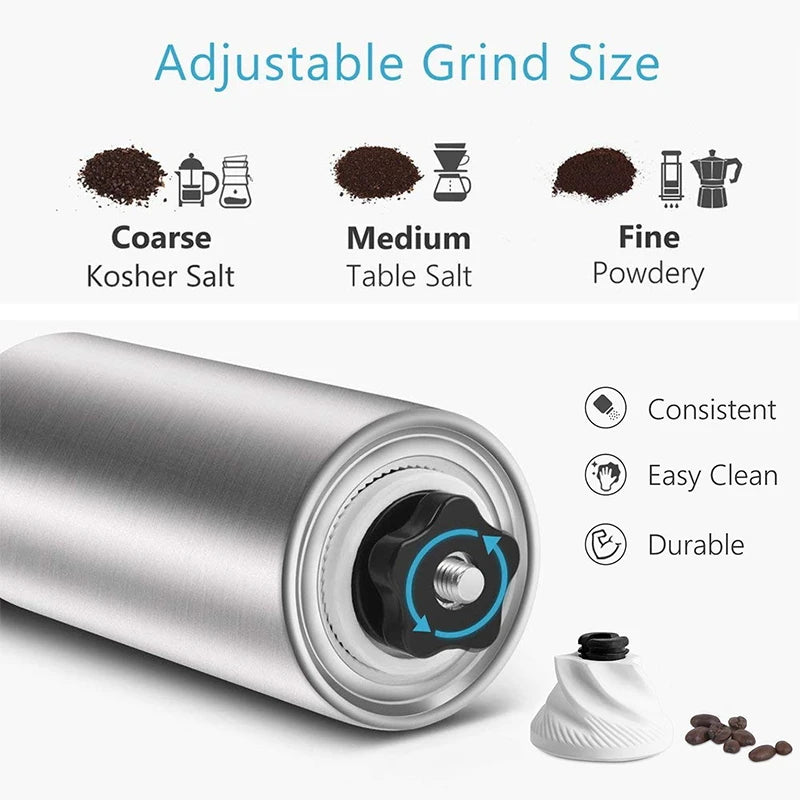 Manuelle Kaffeemühle aus Edelstahl für frischen Kaffeegenuss unterwegs