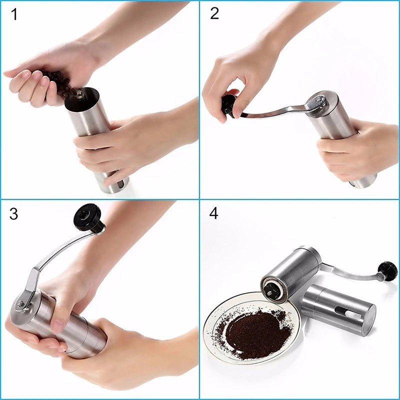 Manuelle Kaffeemühle aus Edelstahl für frischen Kaffeegenuss unterwegs