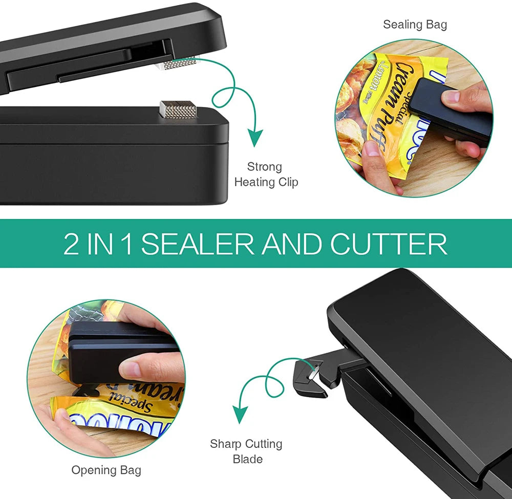Frisch - Sicher: Tragbarer 2-in-1 Beutelversiegler - Cutter, USB-wiederaufladbar