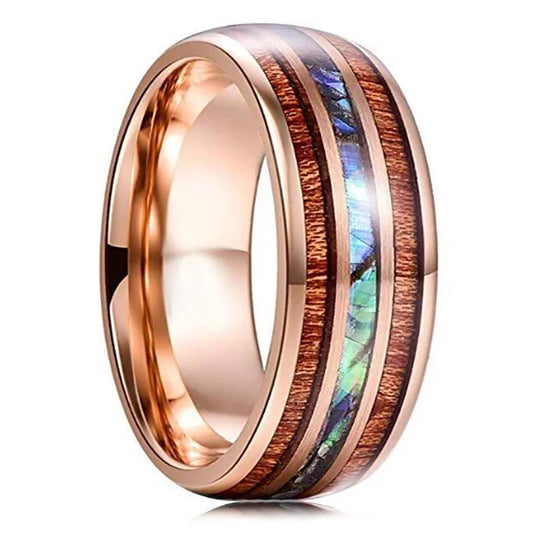 8mm Roségold Edelstahl Ring mit Koa Holz, Abalone und Opal Inlay Herren