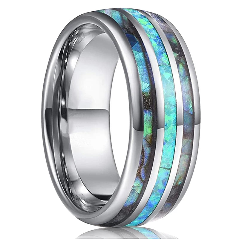 8mm Roségold Edelstahl Ring mit Koa Holz, Abalone und Opal Inlay Herren
