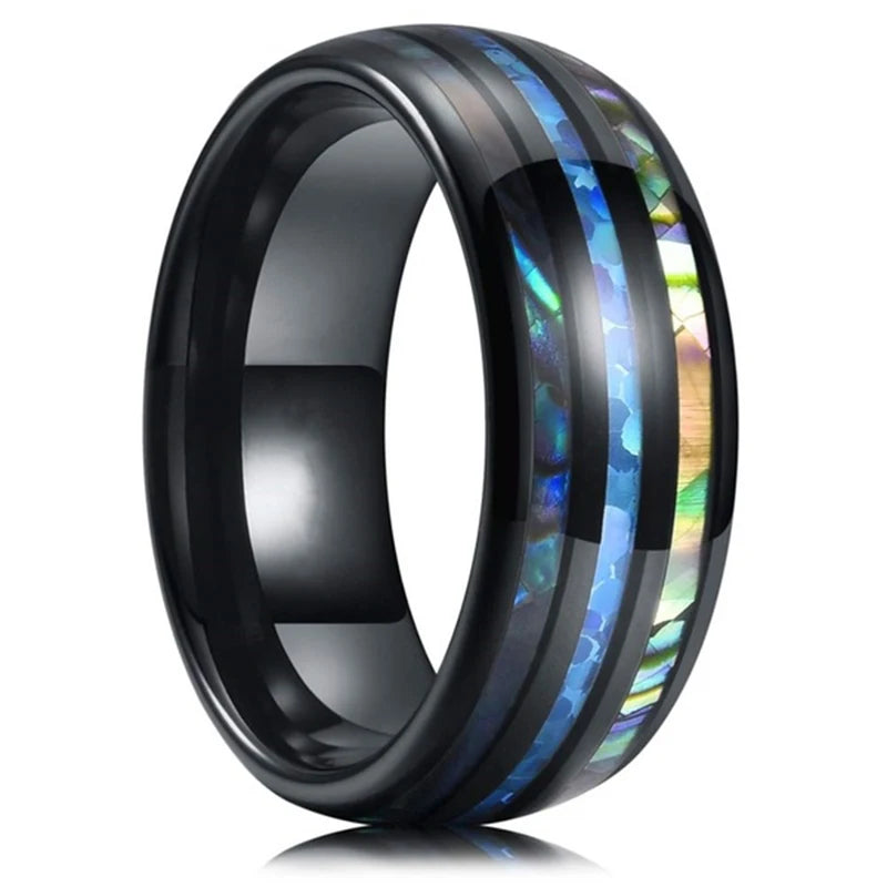 8mm Roségold Edelstahl Ring mit Koa Holz, Abalone und Opal Inlay Herren