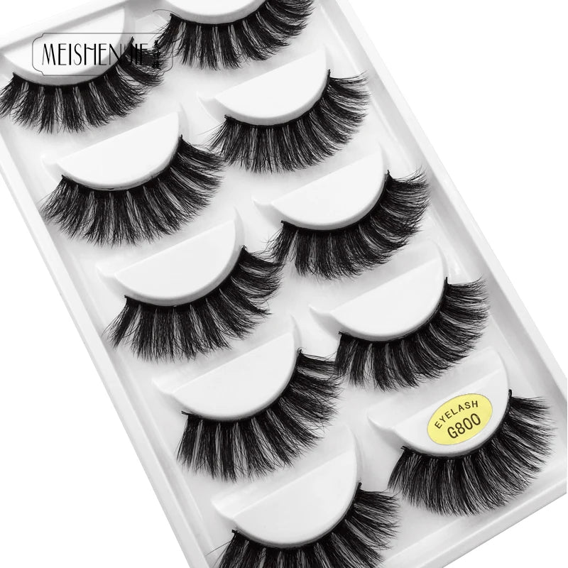 5 Paar natürliche 3D Nerzwimpern – flexibles Baumwollband, 13-15 mm lang, dramatischer Look