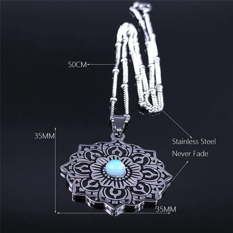 Edelstahl Halskette Blume des Lebens mit Mondstein für Damen Silber