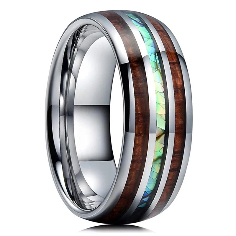 8mm Roségold Edelstahl Ring mit Koa Holz, Abalone und Opal Inlay Herren