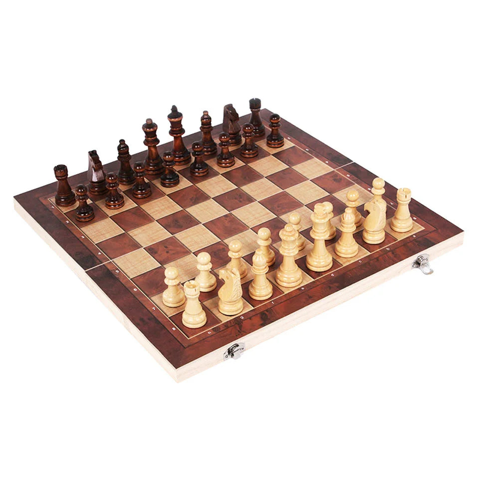 3-in-1 Holz Schach Set mit Backgammon - Dame – Reise - Freizeit