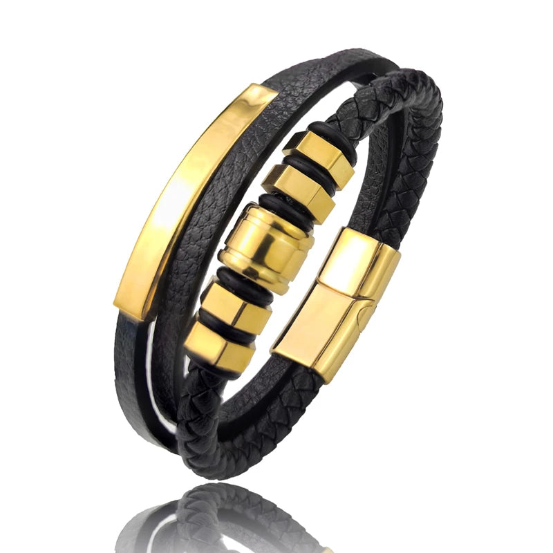 Schwarzes Herren Lederarmband mit klassischem geometrischem Design