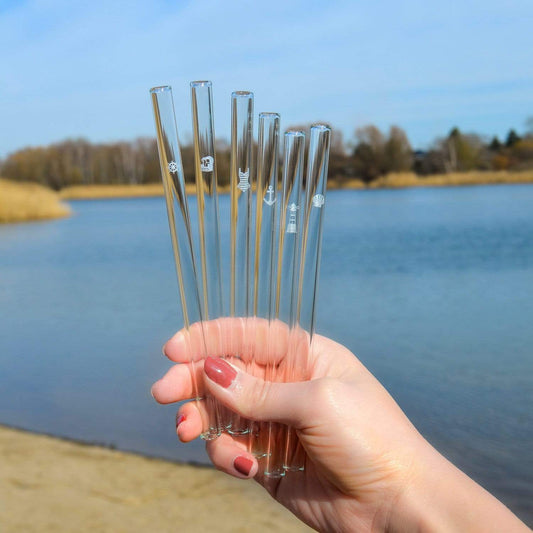 Ostsee Motive Edition gravierte Glastrinkhalme Maritime Deko 6 Stück