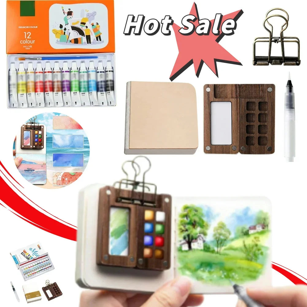 Tragbares Mini Aquarell-Palette Set mit Skizzenbuch und Binder-Clips