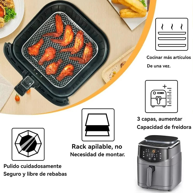 Robuster 3-fach Edelstahl Grillrost für Heißluftfritteusen – Quadratisch