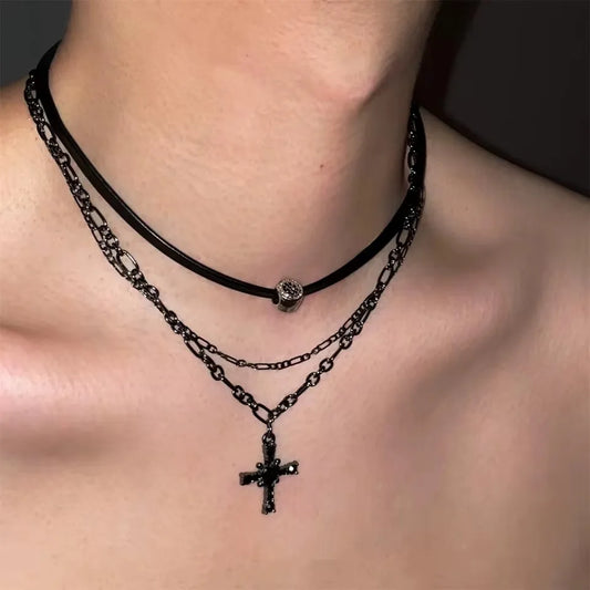 Unisex Doppelschicht Kette mit Punk Stern Herz und Kreuz Edelstahl