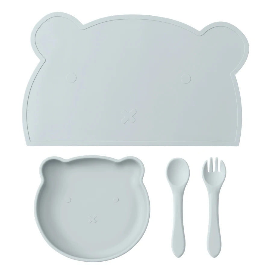 4-teiliges BPA-freies Silikon Kinder Geschirr Set mit Teller Löffel Gabel