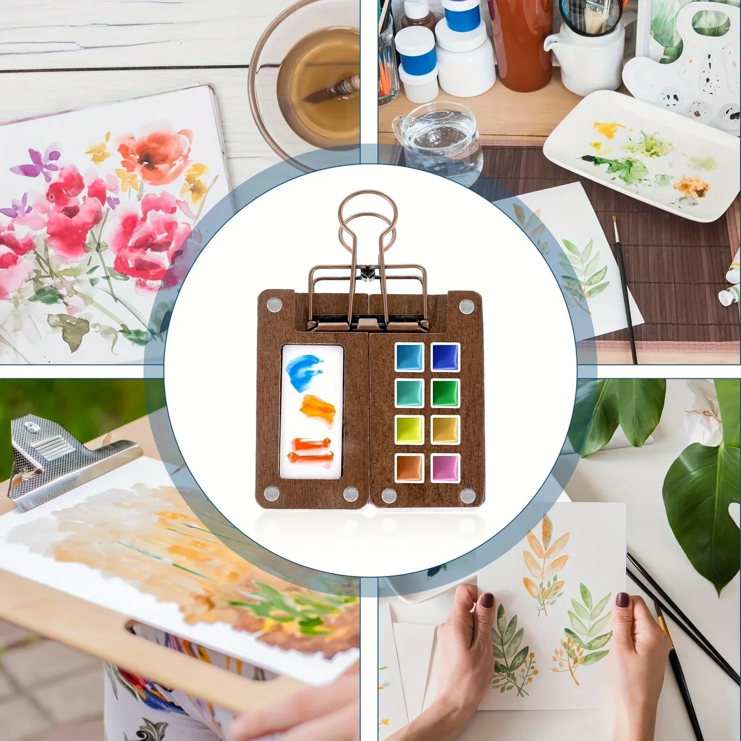 8-15 Gitter Mini Aquarellpaletten Set aus Holz mit Clips und Pinseln