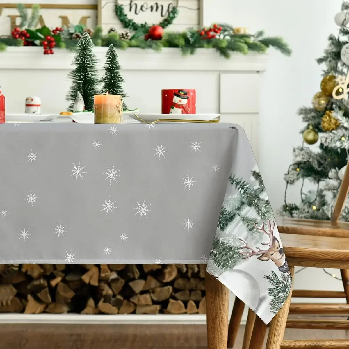 Wasserdichte Weihnachten Tischdecke mit Elch Schneemann Motiv Für Winterparty