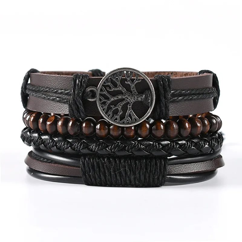 4-teiliges Herren-Lederarmband-Set mit Vintage Lebensbaum - Holzperlen