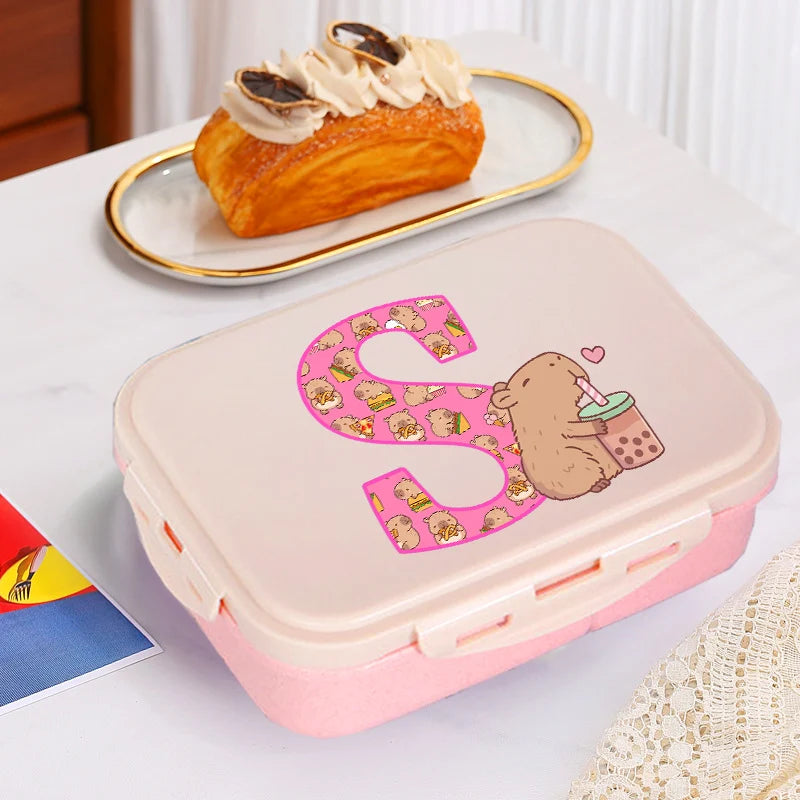 Niedliche Capybara Lunchbox mit A-Z Buchstaben, Single Layer Bento Box
