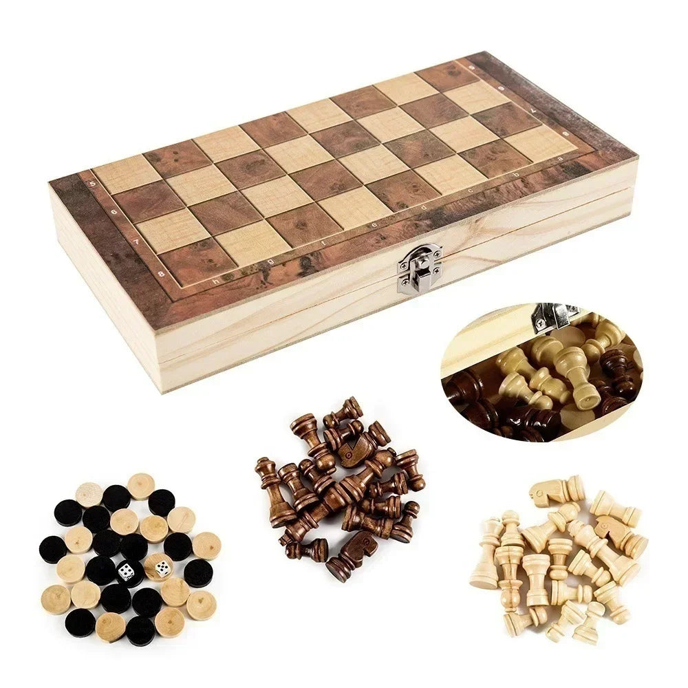 3-in-1 Holz-Spielbrett: Schach, Dame - Backgammon kompakt für unterwegs