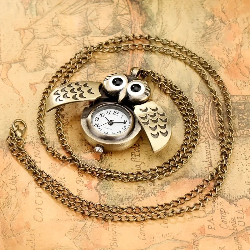 Retro Bronze Eule Taschenuhr mit Quarzwerk - Kette – Kreatives Geschenk