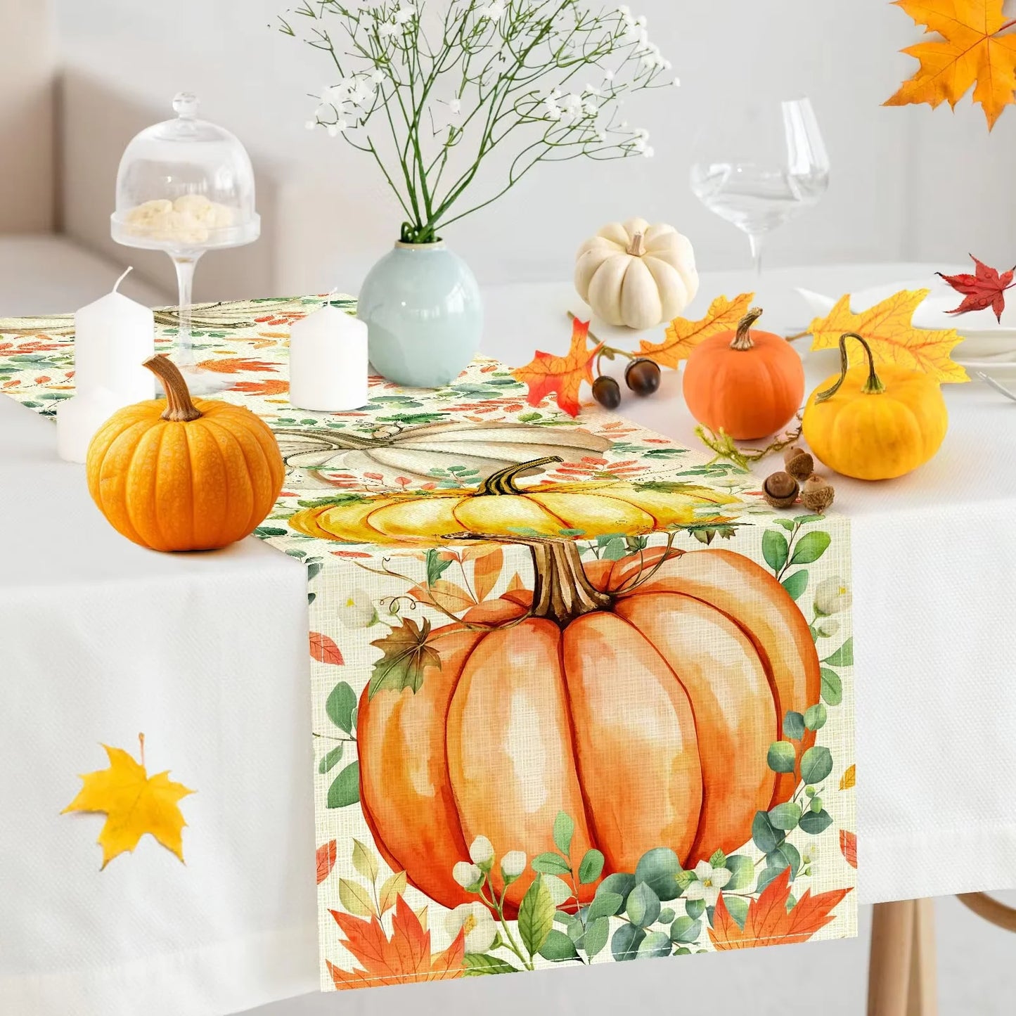 Tischläufer aus Leinen mit Eukalyptusblatt und Kürbis Muster für Herbstdeko