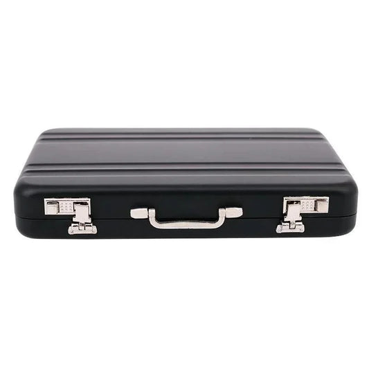Elegante Mini Visitenkartenbox aus Aluminium im Koffer-Stil – Schwarz, kompakt - sicher