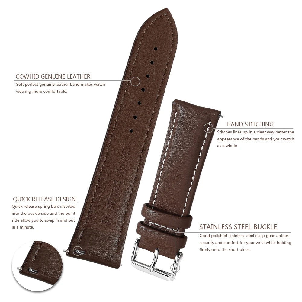 Echtleder Uhrenarmband Schnellverschluss 18/20/22mm für viele Smartwatches