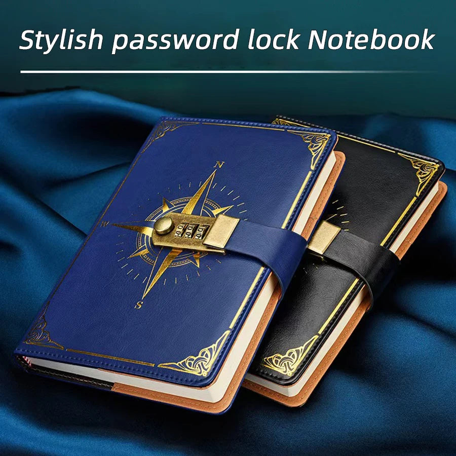 A5 Retro Passwort Notizbuch mit Schloss – PU Leder Kompass Design Tagebuch