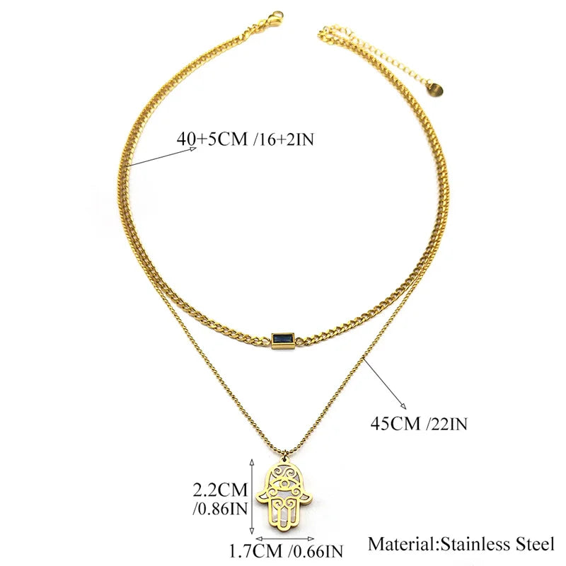 Hamsa Hand Türkisches Auge Kristall Halskette Edelstahl Gold Doppelschicht