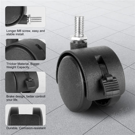 4 Universal Möbel-Fußrollen M8 Gewinde 1,5 Zoll ABS 360° leise Rollen