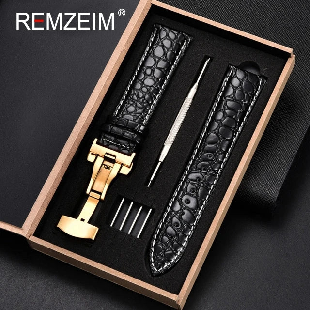 Geprägtes Leder Uhrenarmband 18-24mm mit Schmetterlingsverschluss