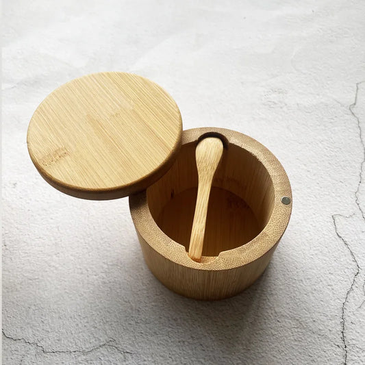 Bambus Salzkeller mit Mini-Löffel Drehverschluss Gewürzbehälter rund