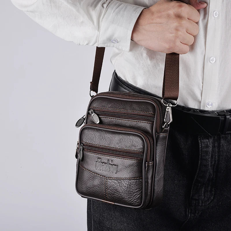 Retro Herren-Ledertasche mit 4 Reißverschlusstaschen - verstellbarem Gurt