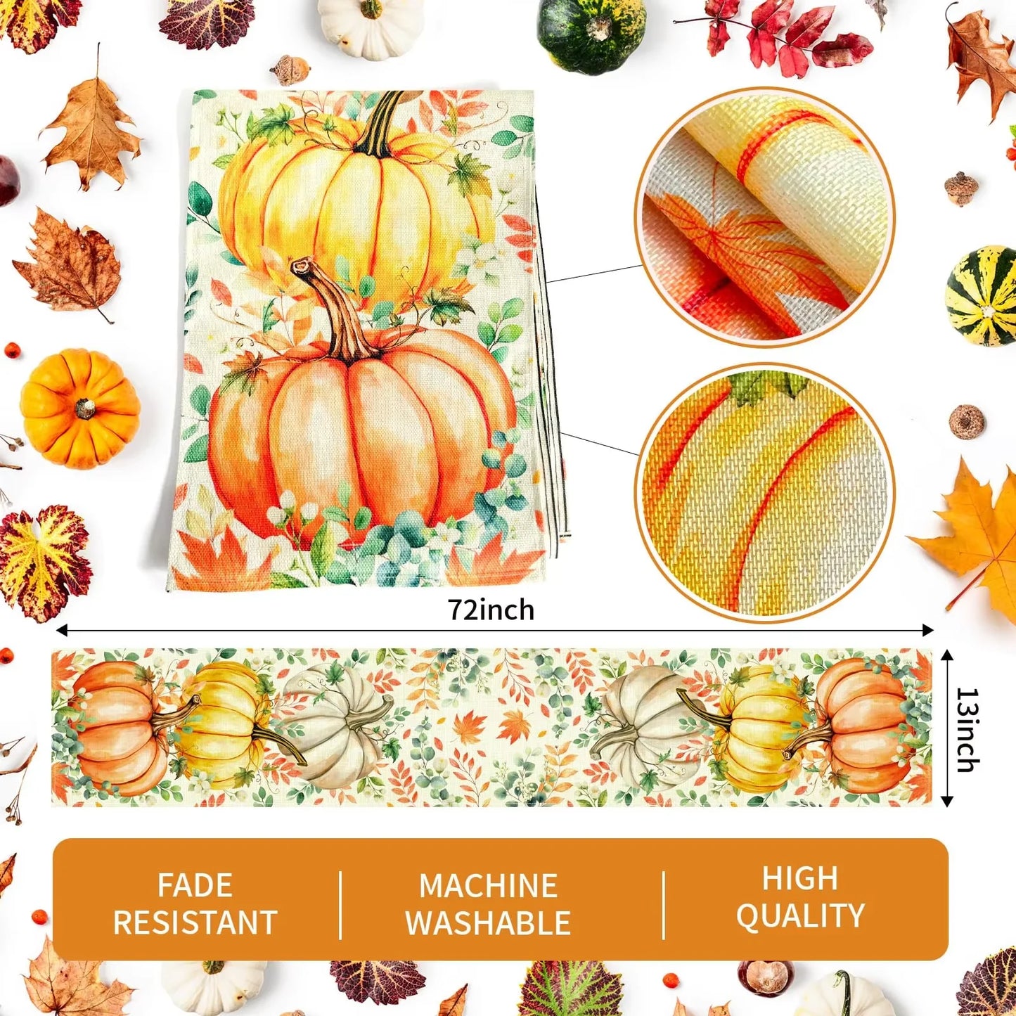 Tischläufer aus Leinen mit Eukalyptusblatt und Kürbis Muster für Herbstdeko