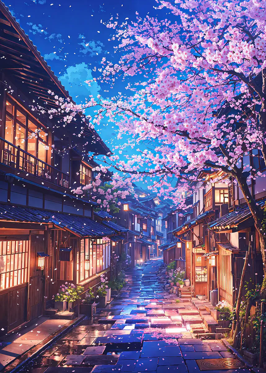 Japanisches Kirschblüten-Dorf Leinwanddruck mit Mount Fuji Wandkunst-Yabubest - Home & More