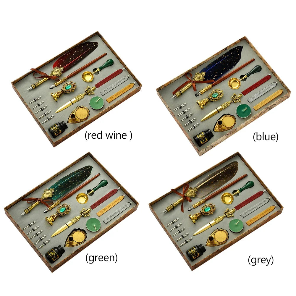 Retro Kalligraphie Set mit Edelstahlfeder - Wachssiegel – Kreativ in Rotwein, Blau, Grün, Grau