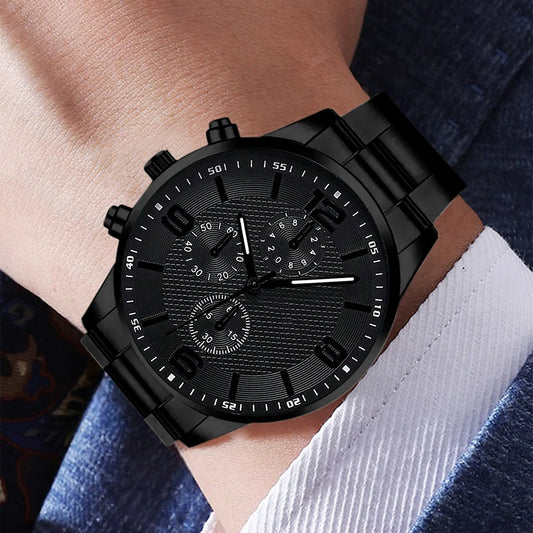Herren Quarz Uhren Set Schwarz Dreifach-Anzeige Modisch