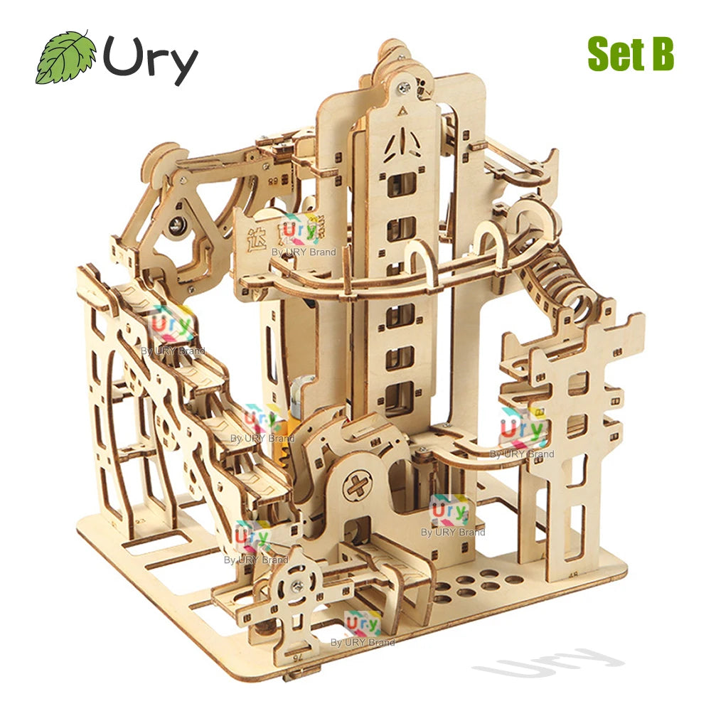 3D Holzpuzzle mit Marmor Laufset und mechanischem Katapult