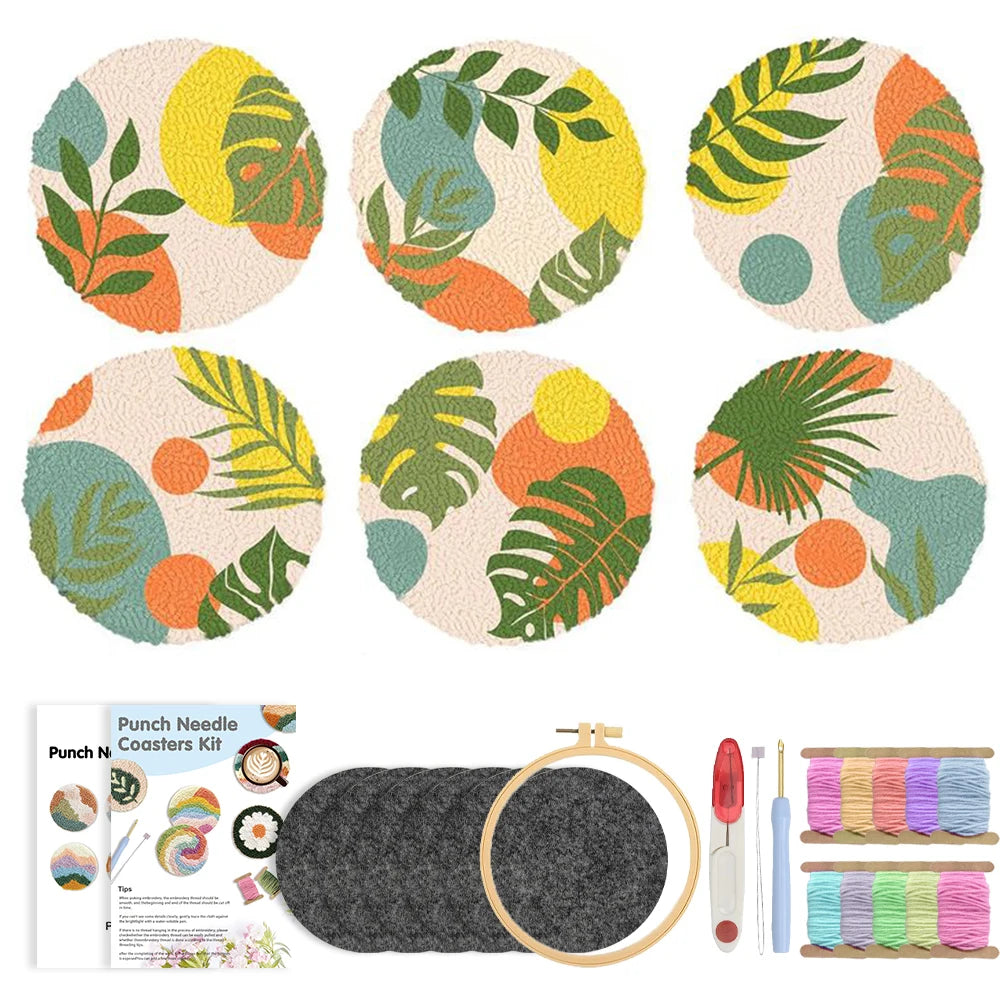 6-teiliges Punch Needle Untersetzer Set mit Pflanzenmuster für Anfänger