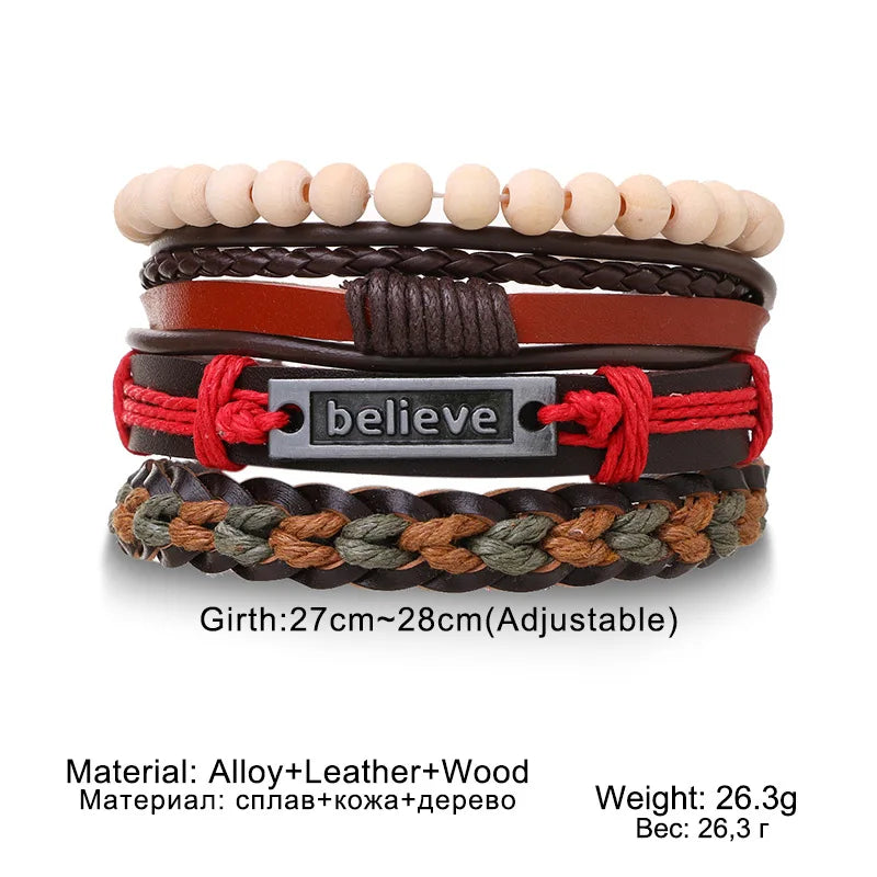 4-teiliges Herren-Lederarmband-Set mit Vintage Lebensbaum - Holzperlen