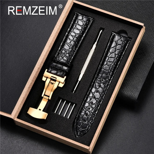 Geprägtes Leder Uhrenarmband 18-24mm mit Schmetterlingsverschluss