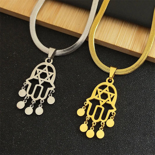 Edelstahl Anhänger Halskette mit Hexagramm und Quaste für Damen Herren