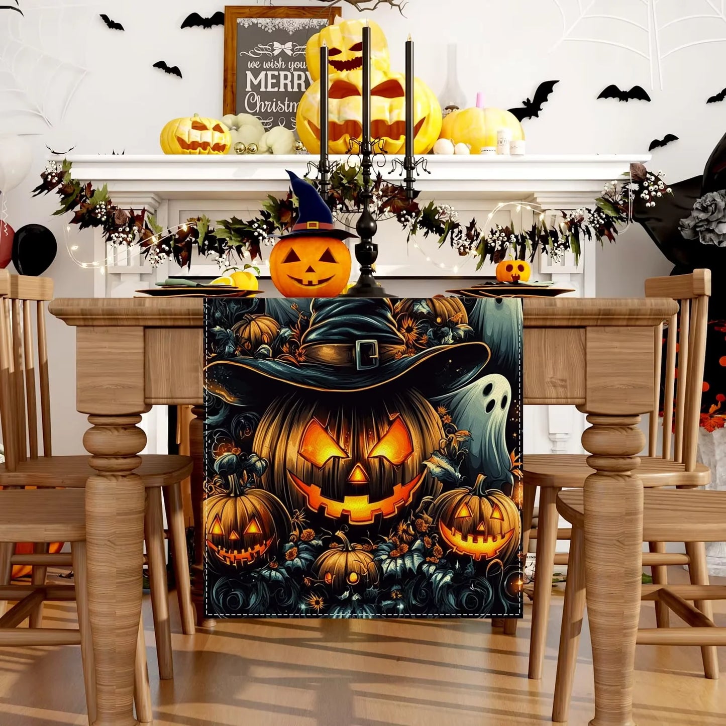 Schwarze Halloween Tischflagge mit Kürbisgespenst für saisonale Dekoration