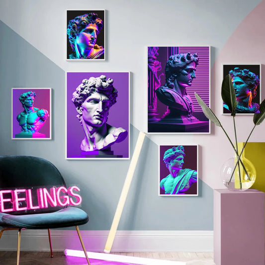 Bunte abstrakte Leinwanddrucke mit antiker griechischer David-Skulptur