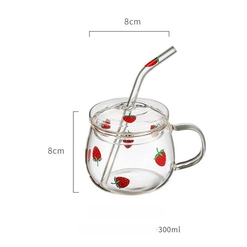 Kawaii Erdbeer-Glasbecher mit Deckel und hitzebeständigem Strohhalm
