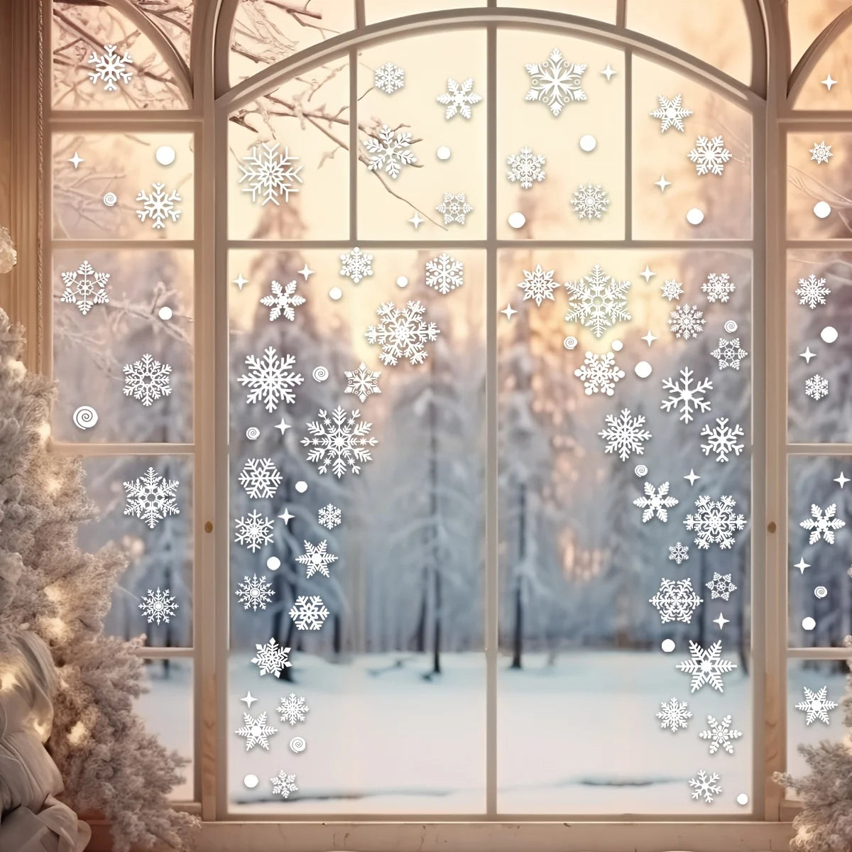 4 Blatt Set Weihnachts Fensteraufkleber mit weißen Schneeflocken