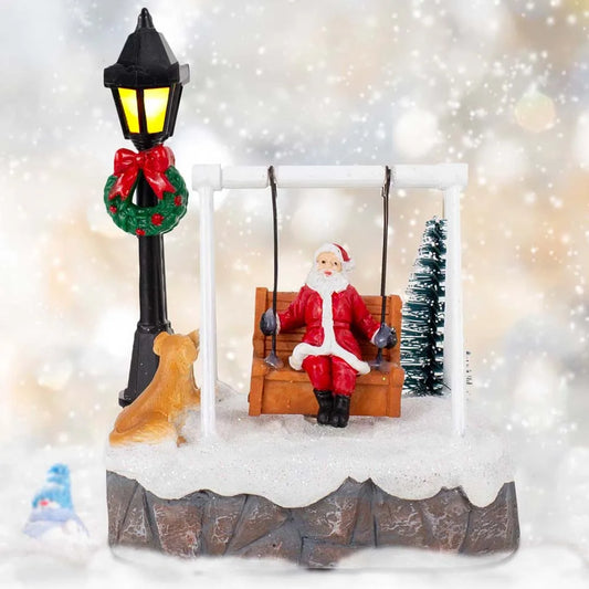 Weihnachtsmann-Schaukelfigur mit Hund, LED-Lampe und Weihnachtsbaum