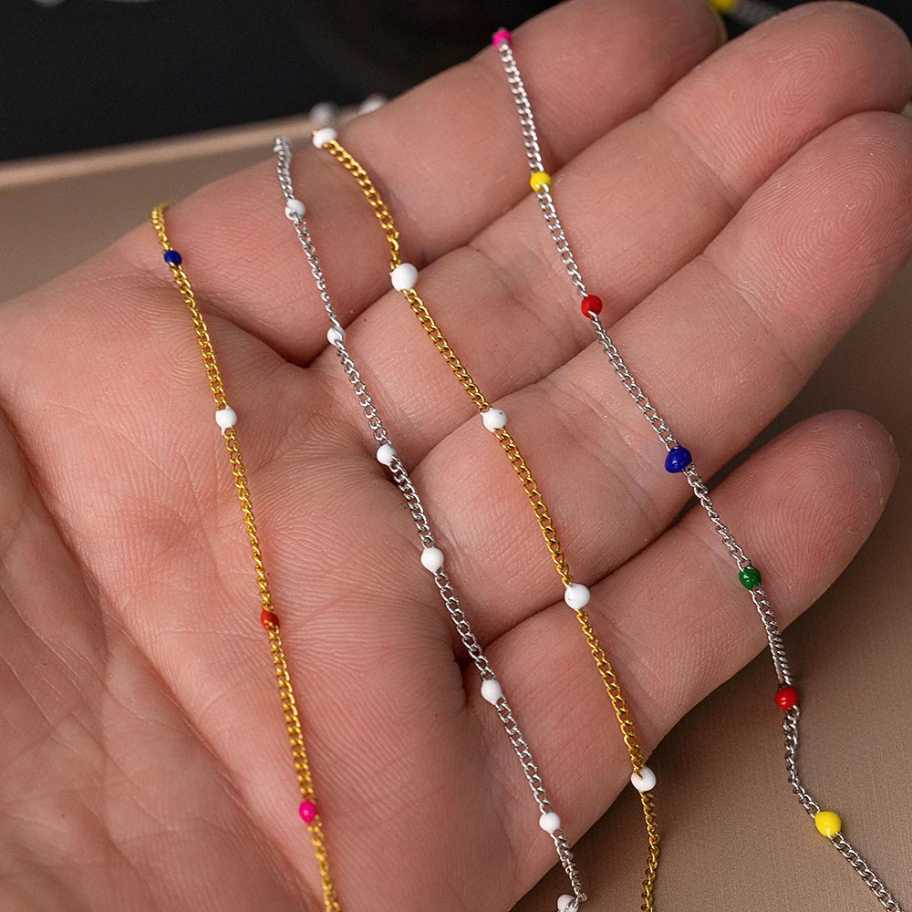 1 Meter Edelstahl Gliederkette mit bunten Emaille Kugeln für Schmuck DIY